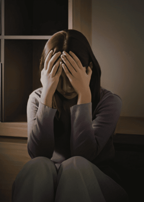 Woman sitting on floor by bookcase worrying about inflammation and mental health