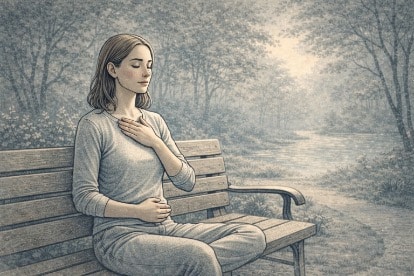 Woman practicing deep breathing exercises outdoors on a park bench, one hand on her chest and one on her stomach, calming her nervous system to manage anxious thoughts.