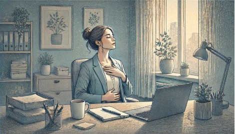 Office worker pausing at her desk with eyes closed, practicing deep breathing to calm anger during a stressful workday.