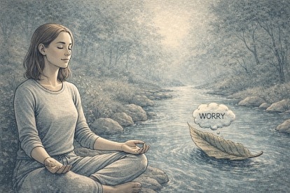 Person sitting peacefully with eyes closed, visualizing a thought floating away on a leaf down a gentle stream, practicing cognitive defusion for anxiety relief.