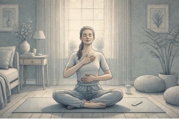 Woman sitting cross-legged on a yoga mat with eyes closed, practicing deep breathing exercises to calm her nervous system and manage rising feelings of anger.