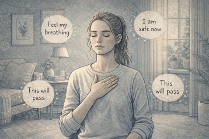 Woman sitting calmly with eyes closed and one hand on her chest, practicing focused breathing and cognitive grounding to manage a derealization episode.