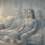 Young adult sitting on a couch staring blankly ahead with a distant, foggy expression, representing the disorienting experience of a derealization episode.