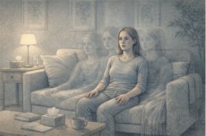Young adult sitting on a couch staring blankly ahead with a distant, foggy expression, representing the need for learning how to stop derealization