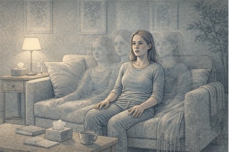 Young adult sitting on a couch staring blankly ahead with a distant, foggy expression, representing the disorienting experience of a derealization episode.