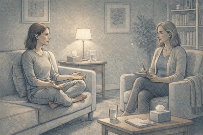 Adult speaking with a therapist in a calm office setting, hands resting openly on their lap, taking a step toward processing trauma in a supportive environment.