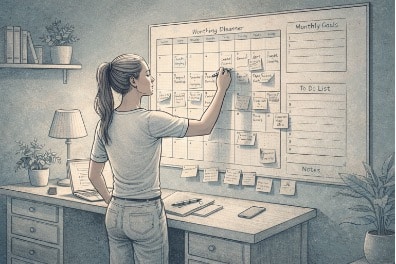 Adult writes tasks into a large wall planner mounted near their desk, using an external memory system to manage ADHD-related working memory challenges.