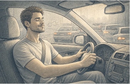 Driver sitting calmly in the driver's seat with eyes closed, practicing deep breathing to manage stress during a traffic delay.