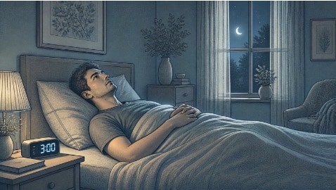 Man lying awake at 3 a.m. unable to return to sleep, a hallmark of chronic insomnia.