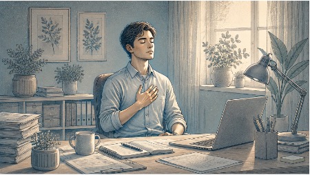 Man practicing box breathing at his desk to quickly reduce stress and recover from burnout between tasks.