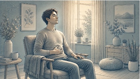 Young man with eyes closed and one hand resting on his belly, practicing slow diaphragmatic breathing to settle anxiety.