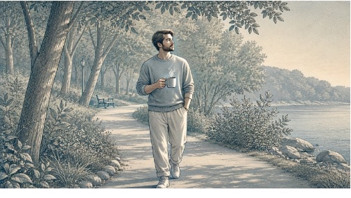 Man combining gentle outdoor movement with ginger tea to build long-term resilience against recurring stress-induced nausea. 