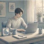 Adult with ADHD working at a tidy desk while a visual countdown timer sits beside their laptop, helping them stay focused on one task at a time.