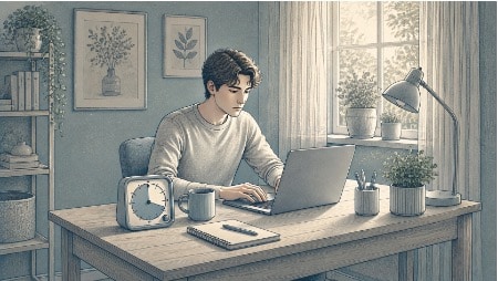 Adult with ADHD working at a tidy desk while a visual countdown timer sits beside their laptop, helping them stay focused on one task at a time.