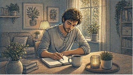 Man writing his top three tasks in a notebook beside a fresh cup of coffee, practicing habit stacking to manage ADHD focus.