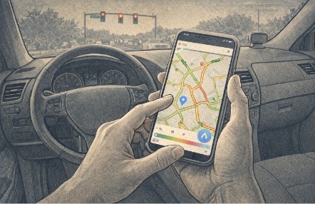 Person checking traffic conditions on a smartphone navigation app before starting their car, preparing for a stress-free commute.