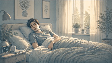 Man feeling drained and unrested after sleeping more than ten hours, a hallmark sign of idiopathic hypersomnia.
