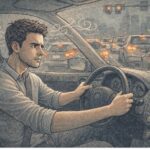 Frustrated driver clenching the steering wheel in gridlocked traffic, with steam-like lines showing rising road rage.