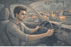 Frustrated driver clenching the steering wheel in gridlocked traffic, with steam-like lines showing rising road rage.