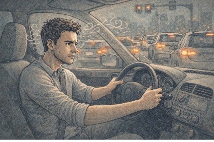 Frustrated driver clenching the steering wheel in gridlocked traffic, with steam-like lines showing rising road rage.