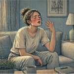 Young woman sitting on a couch fanning her flushed face with her hand during a sudden anxiety hot flash at home.