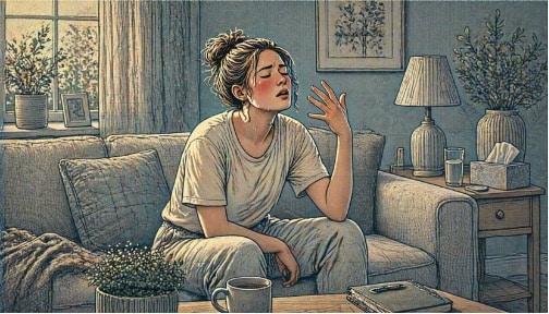 Young woman sitting on a couch fanning her flushed face with her hand during a sudden anxiety hot flash at home.