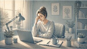 Young woman experiencing excessive daytime sleepiness at her desk, a primary sign of idiopathic hypersomnia.