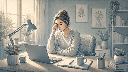 Young woman experiencing excessive daytime sleepiness at her desk, a primary sign of idiopathic hypersomnia.