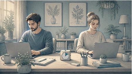 Two coworkers focused on their laptops during a body doubling session, with a small cube timer placed between them showing an active focus block in progress.