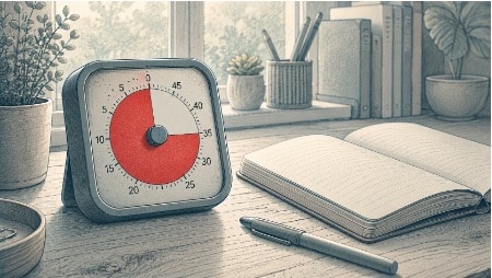 Close-up of a red Time Timer disk shrinking on a wooden desk next to an open notebook, showing how visual countdowns make time feel concrete for ADHD brains.