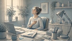 Woman pausing at her desk to practice deep breathing as a way to manage burnout symptoms at work.