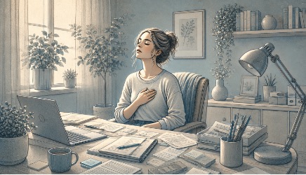 Woman pausing at her desk to practice deep breathing as a way to manage burnout symptoms at work.