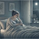 Woman awake at night beside an alarm clock, showing insomnia symptoms a self-assessment can score.