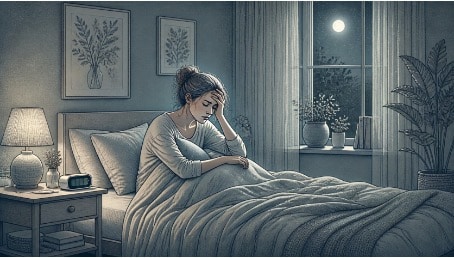 Woman awake at night beside an alarm clock, showing insomnia symptoms a self-assessment can score.