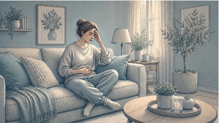 Woman experiencing stress-induced nausea and physical discomfort during a moment of overwhelming anxiety at home.