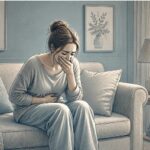 An anxious woman covering her mouth with one hand while sitting on a sofa, showing the physical discomfort of an anxiety-triggered gag reflex.