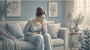 An anxious woman covering her mouth with one hand while sitting on a sofa, showing the physical discomfort of an anxiety-triggered gag reflex.