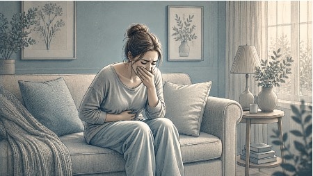 An anxious woman covering her mouth with one hand while sitting on a sofa, showing the physical discomfort of an anxiety-triggered gag reflex.