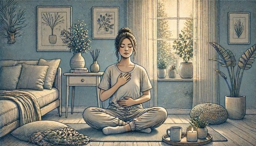 Woman sitting cross-legged with eyes closed and one hand on her chest, practicing slow-paced breathing to calm an anxiety hot flash.