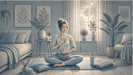 Woman practicing diaphragmatic breathing to activate the vagus nerve and ease stress-induced nausea within minutes. 