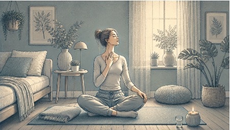 Woman sitting cross-legged on a yoga mat at home, practicing progressive muscle relaxation to ease anxiety-related throat tension.