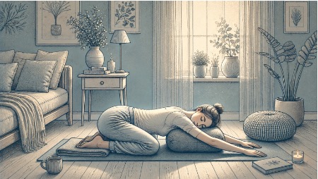 Woman practicing restorative yoga at home to discharge stored stress and reduce psychosomatic muscle tension.