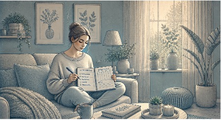 Woman tracking her sleep symptoms and waking difficulties in a journal to help a sleep specialist diagnose idiopathic hypersomnia.