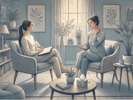 Therapist guiding a client through Cognitive Behavioral Therapy to identify the thought patterns driving psychosomatic pain.