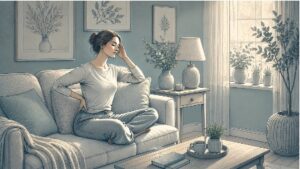Woman experiencing psychosomatic head and back pain uses mindful breathing on her couch to ease physical tension caused by emotional stress.