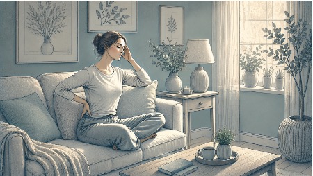 Woman experiencing psychosomatic head and back pain uses mindful breathing on her couch to ease physical tension caused by emotional stress.