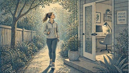 Woman in workout clothes taking a brisk walk break outside her home office to reset focus and reduce ADHD restlessness.