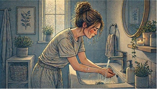 Person running cold water over the inside of their wrists at a bathroom sink to quickly cool down an anxiety hot flash.