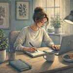 Focused adult with ADHD working calmly at a tidy home desk after managing dopamine seeking urges.