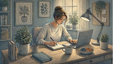 Focused adult with ADHD working calmly at a tidy home desk after managing dopamine seeking urges.